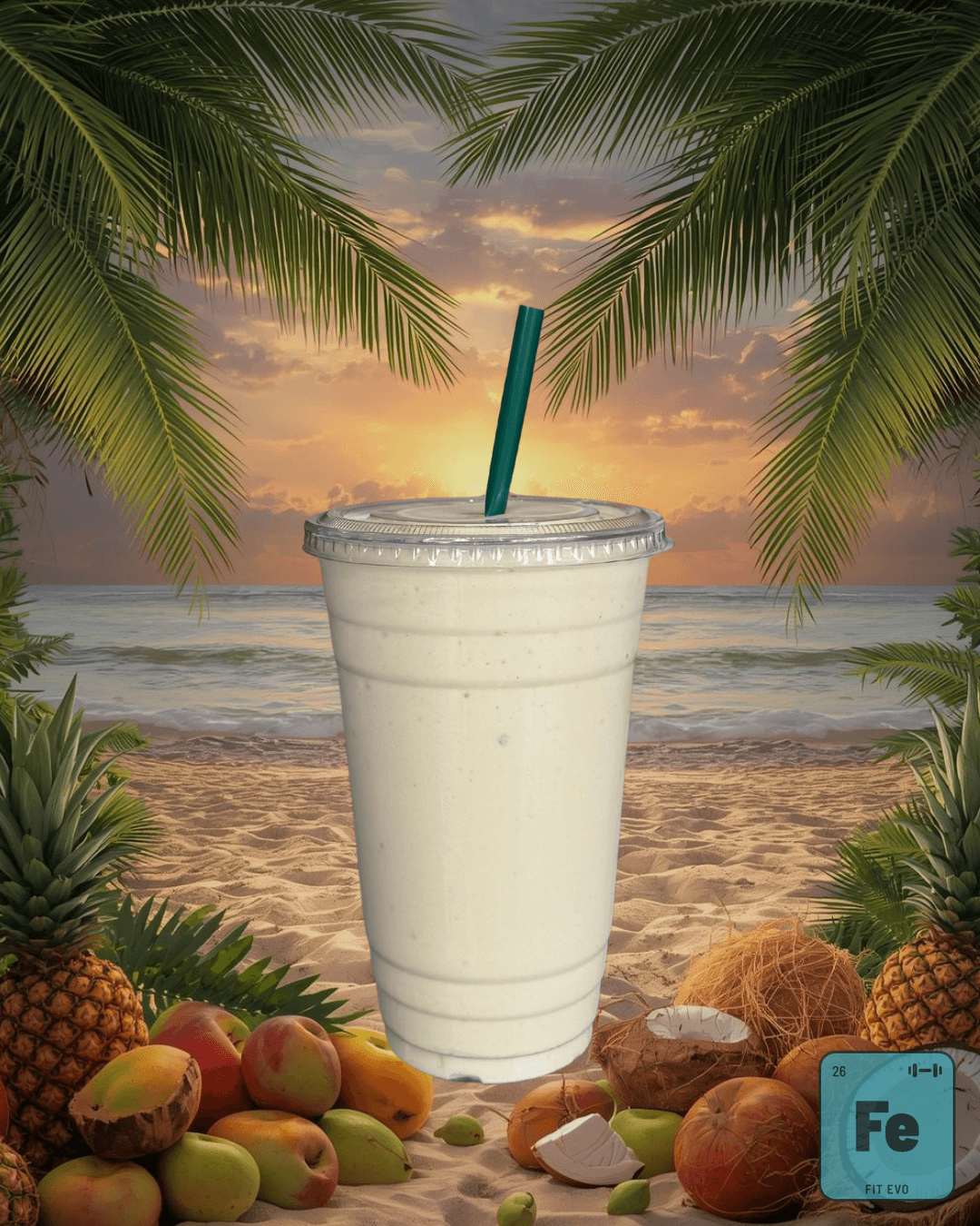 A tropical smoothie from the FIT EVO smoothie bar, on a beach backdrop.