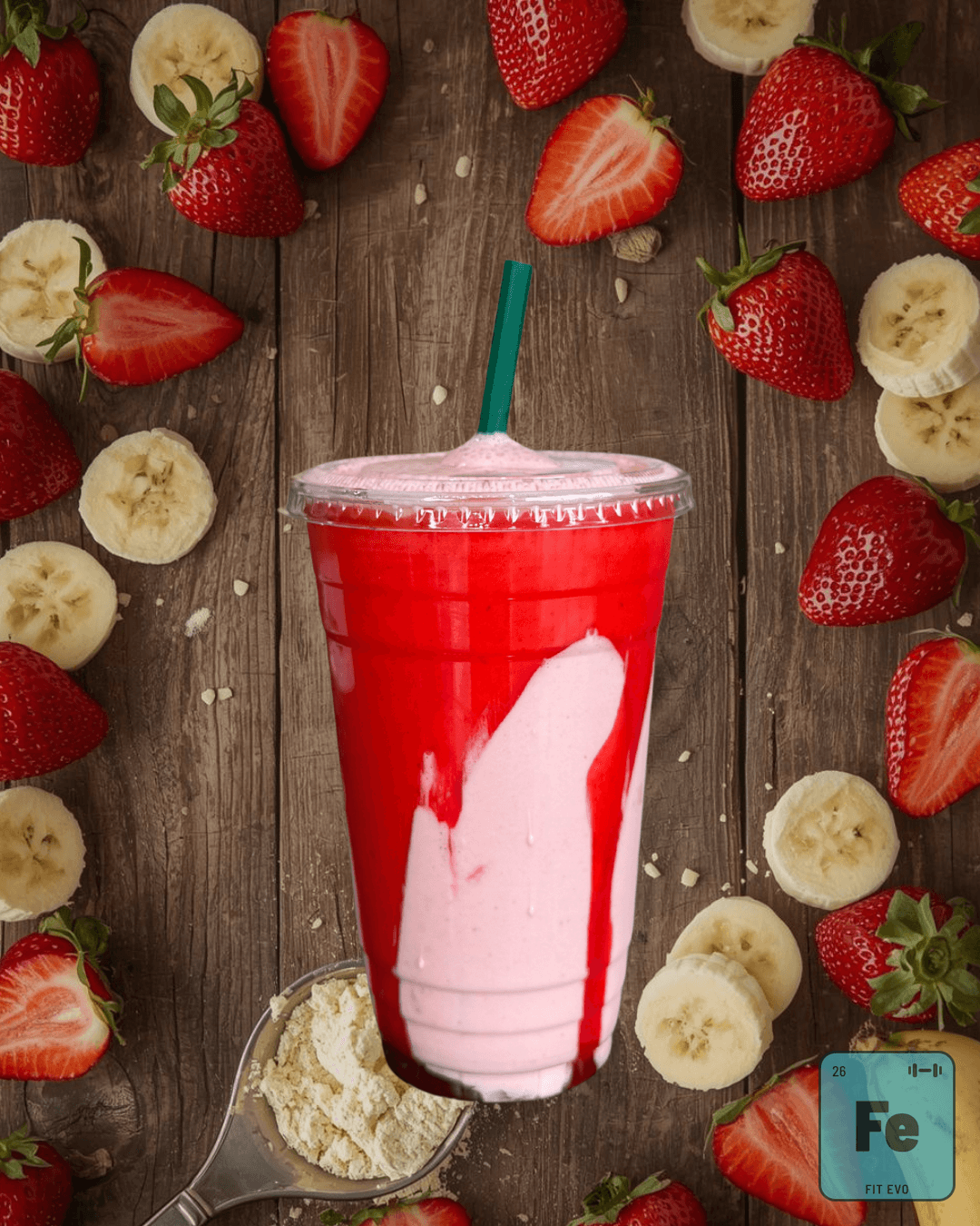 A strawberry and banana smoothie from the FIT EVO smoothie bar.