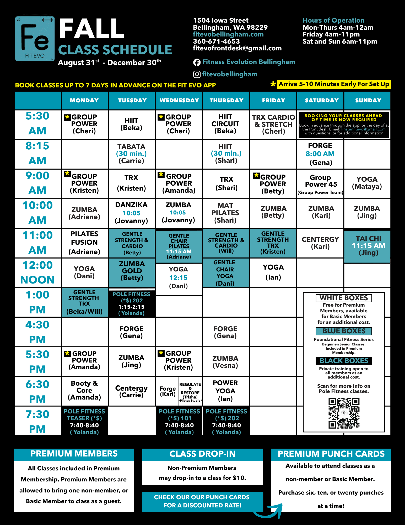 FIT EVO fall Group X class schedule, August 31 to December 30 — a weekly timetable of class times by day, with the instructor for each, plus the color key for Foundational Fitness Series classes and paid private classes. Classes can be booked up to seven days ahead in the FIT EVO app, or at the front desk on the day.