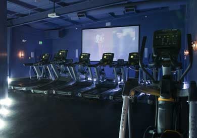 The cardio cinema at FIT EVO — a row of treadmills facing a large projection screen in a darkened room.