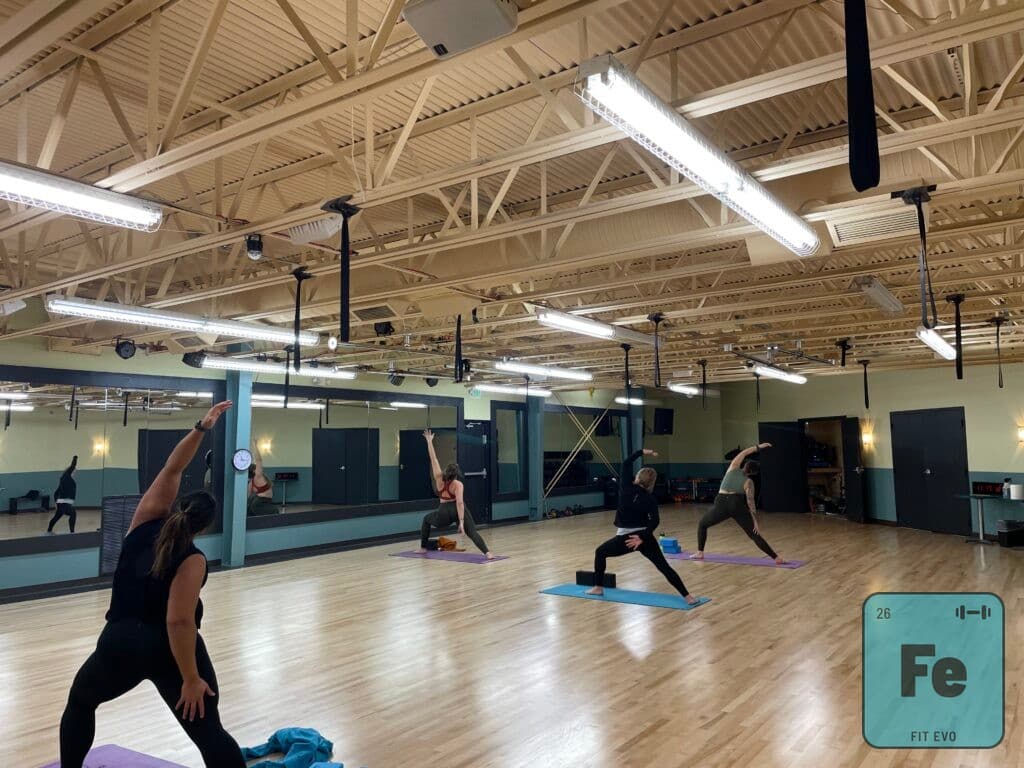 A yoga class holding a warrior pose in the FIT EVO studio.