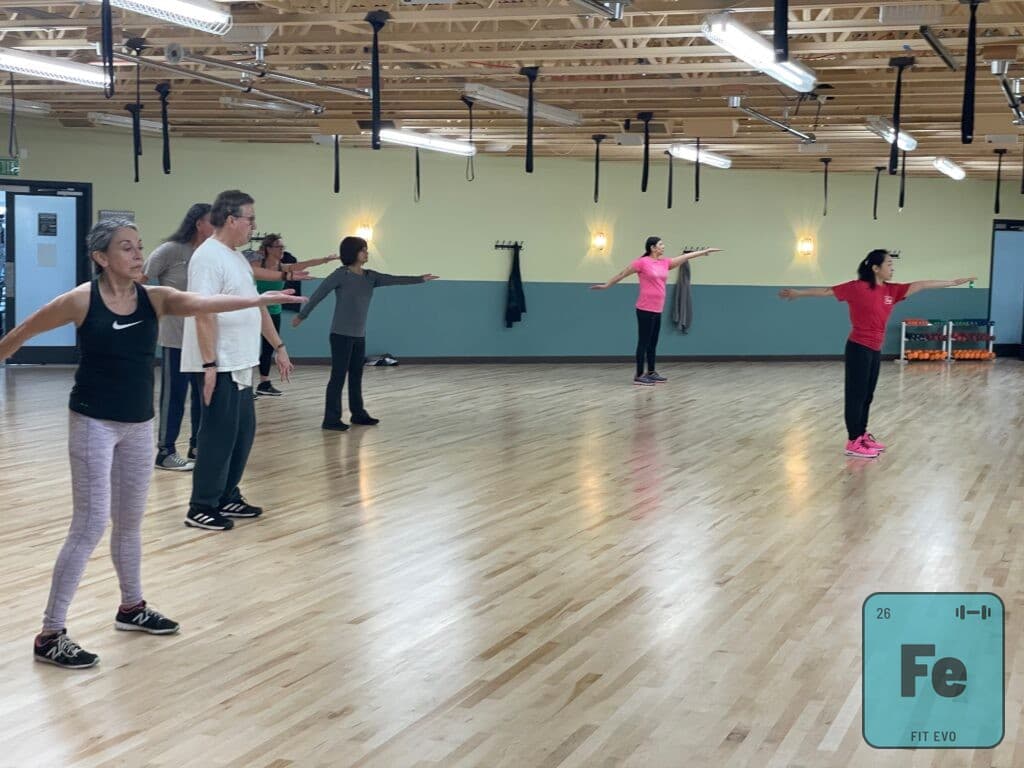 A class holding a balance pose with arms extended in the FIT EVO studio.