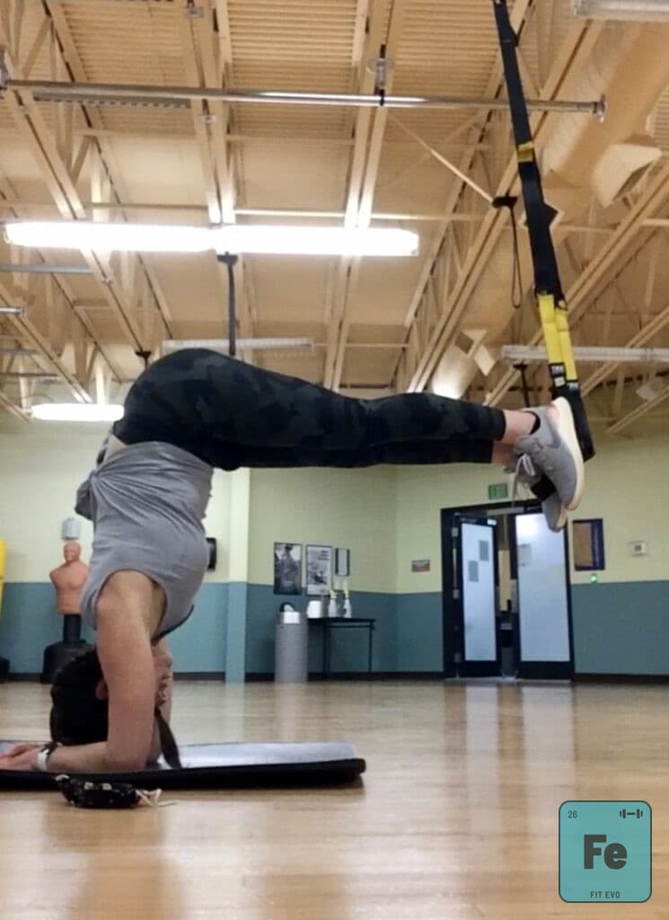 A member holding an inverted pike in TRX suspension straps.