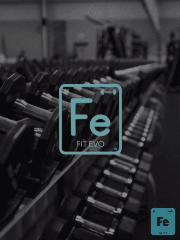 A black-and-white close-up of the dumbbell rack on the FIT EVO weight floor, with the FIT EVO Fe mark overlaid.