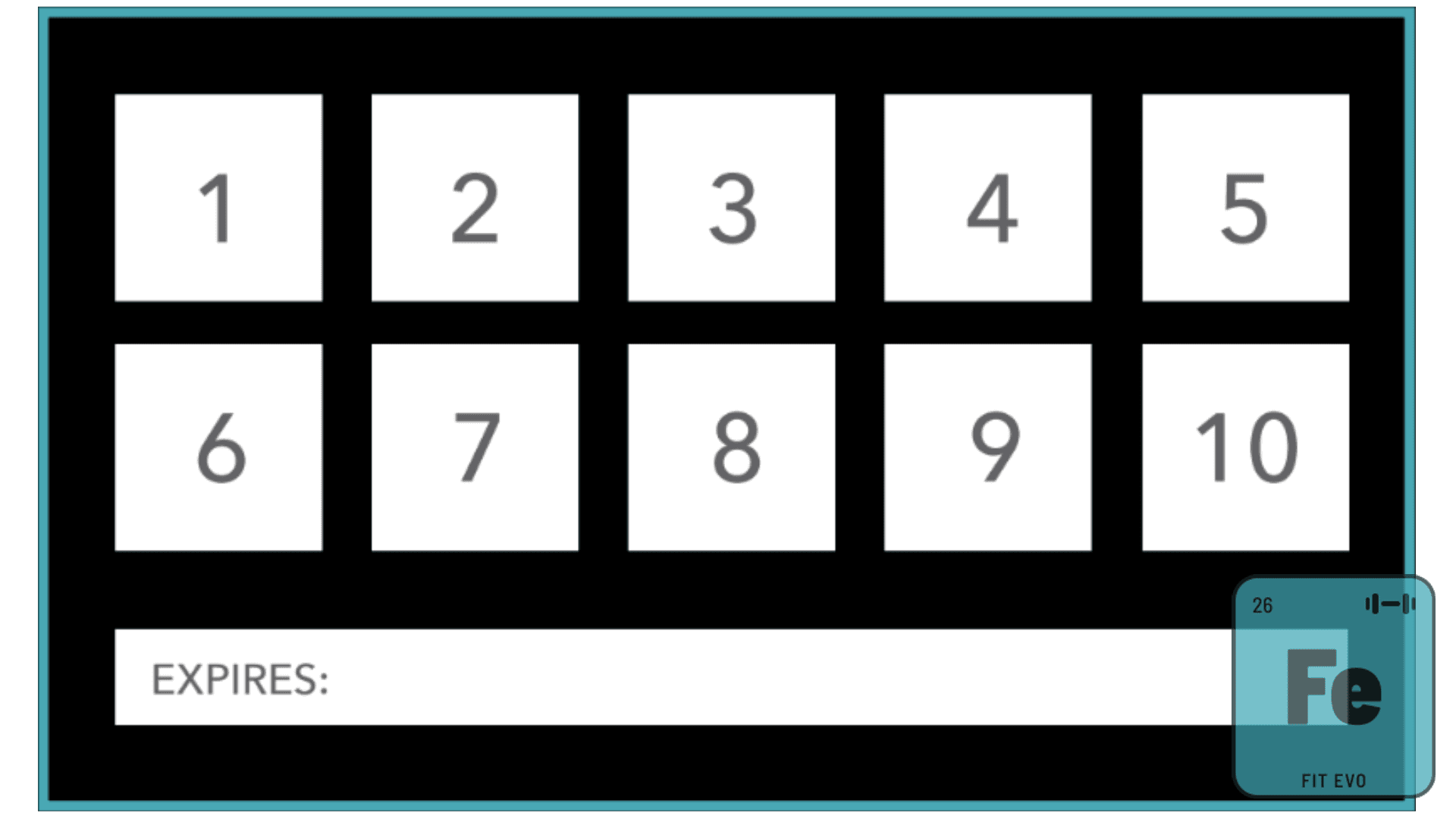 A FIT EVO ten-visit punch card, with a space to mark each visit and an expiry line.