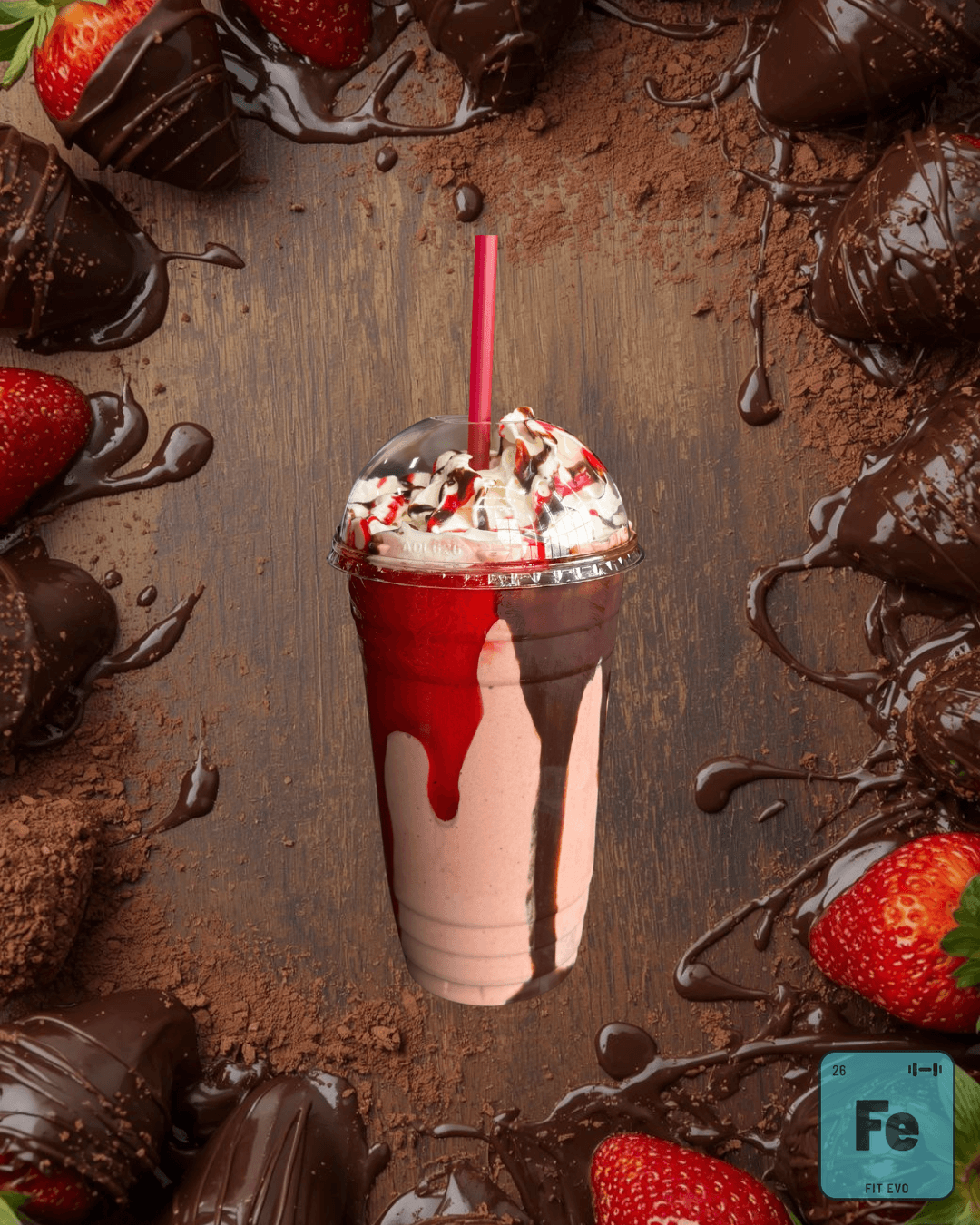 A chocolate and strawberry smoothie topped with whipped cream, from the FIT EVO smoothie bar.