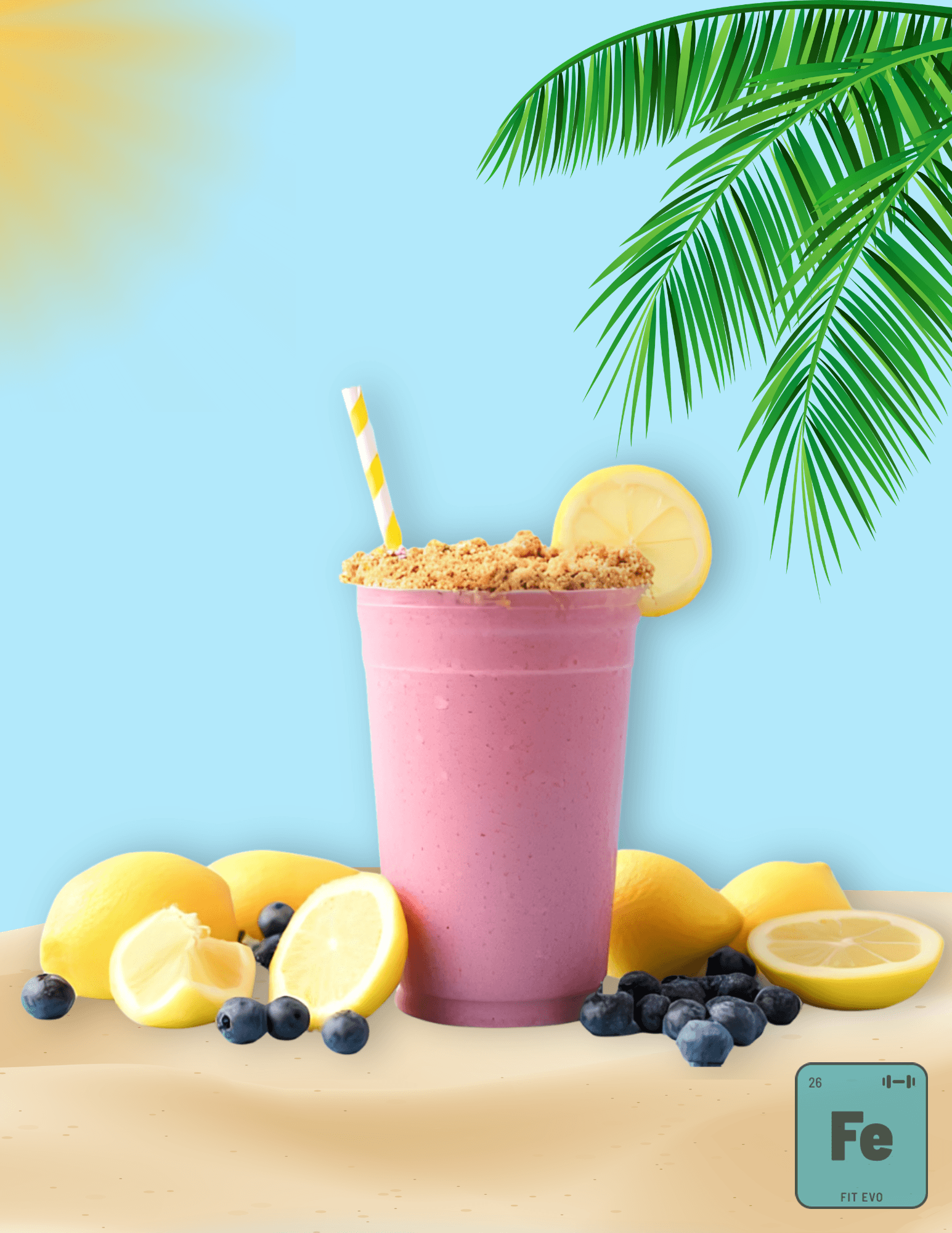 A berry smoothie from the FIT EVO smoothie bar, surrounded by lemon and blueberries.