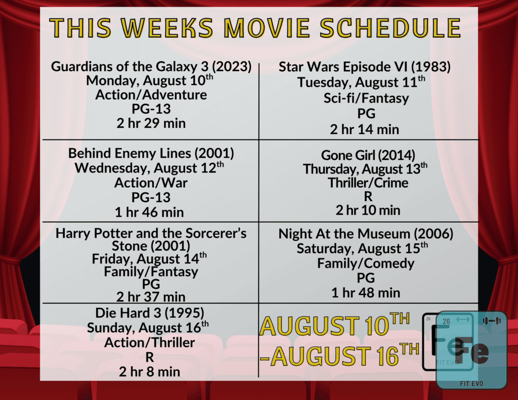The FIT EVO cardio cinema movie schedule for the week of August 10th to August 16th.