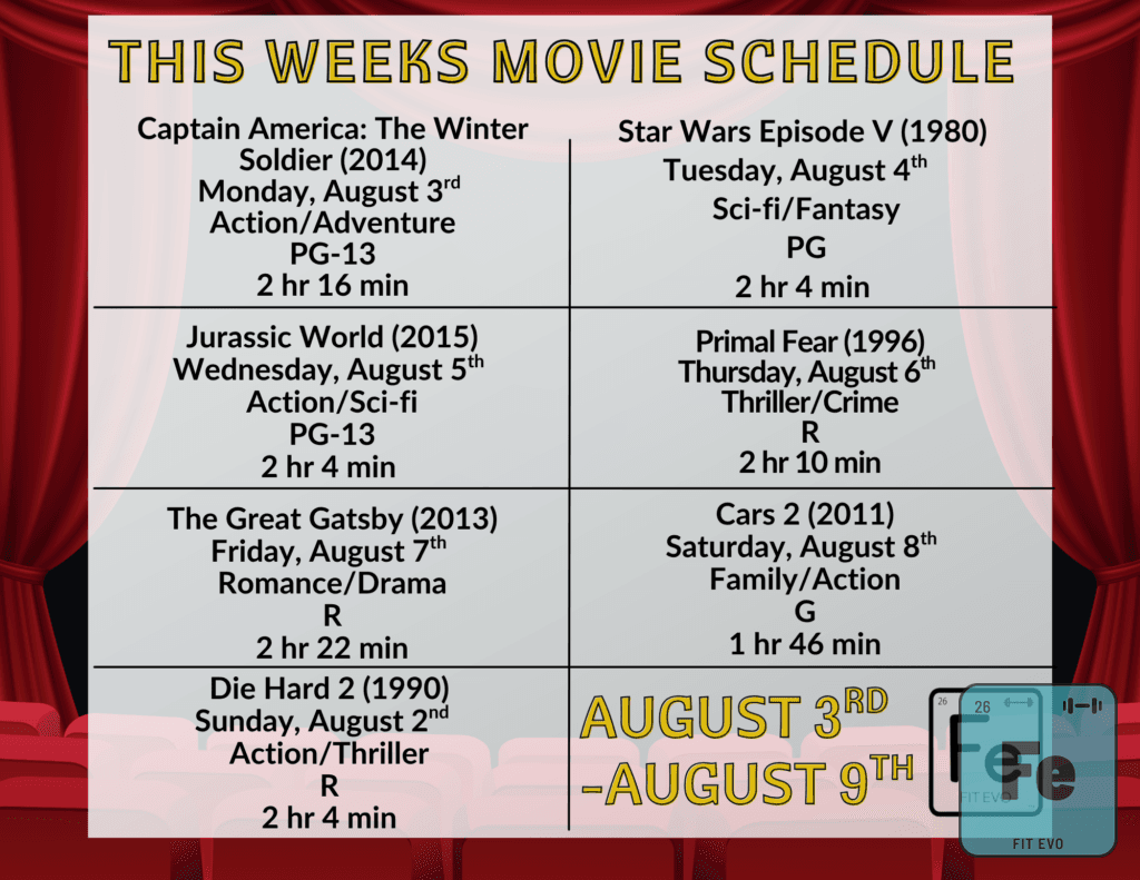 The FIT EVO cardio cinema movie schedule for the week of August 3rd to August 9th.