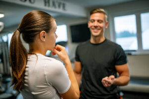 young woman talking to her personal trainer in gym 1